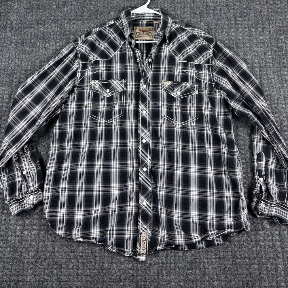 Rafter C Cowboy Collection Western Pearl Snap Plaid Shirt XL Black White Stitch